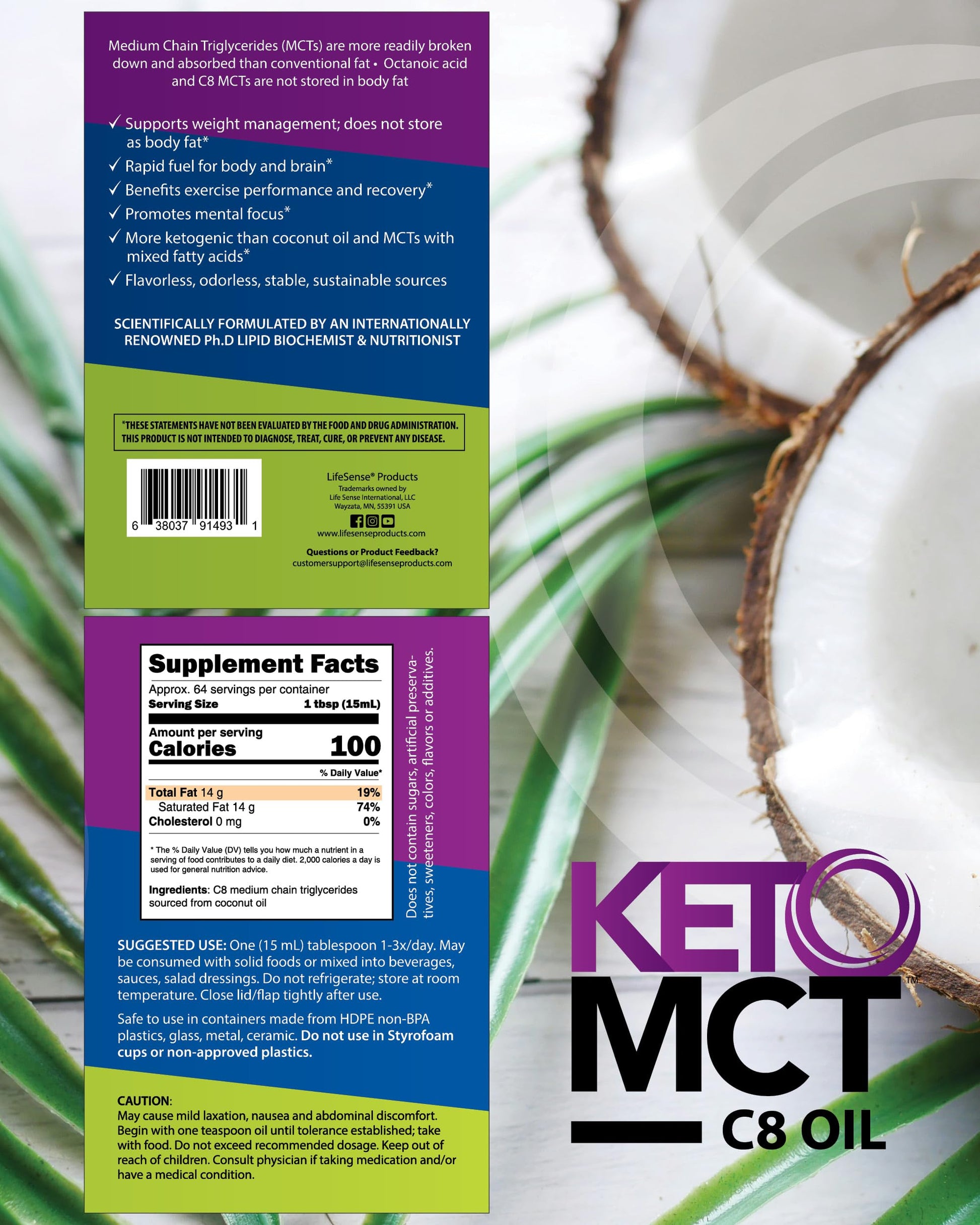 LifeSense Caprylic Acid liquid supplement nutrition label showing pure coconut sourcing ingredients