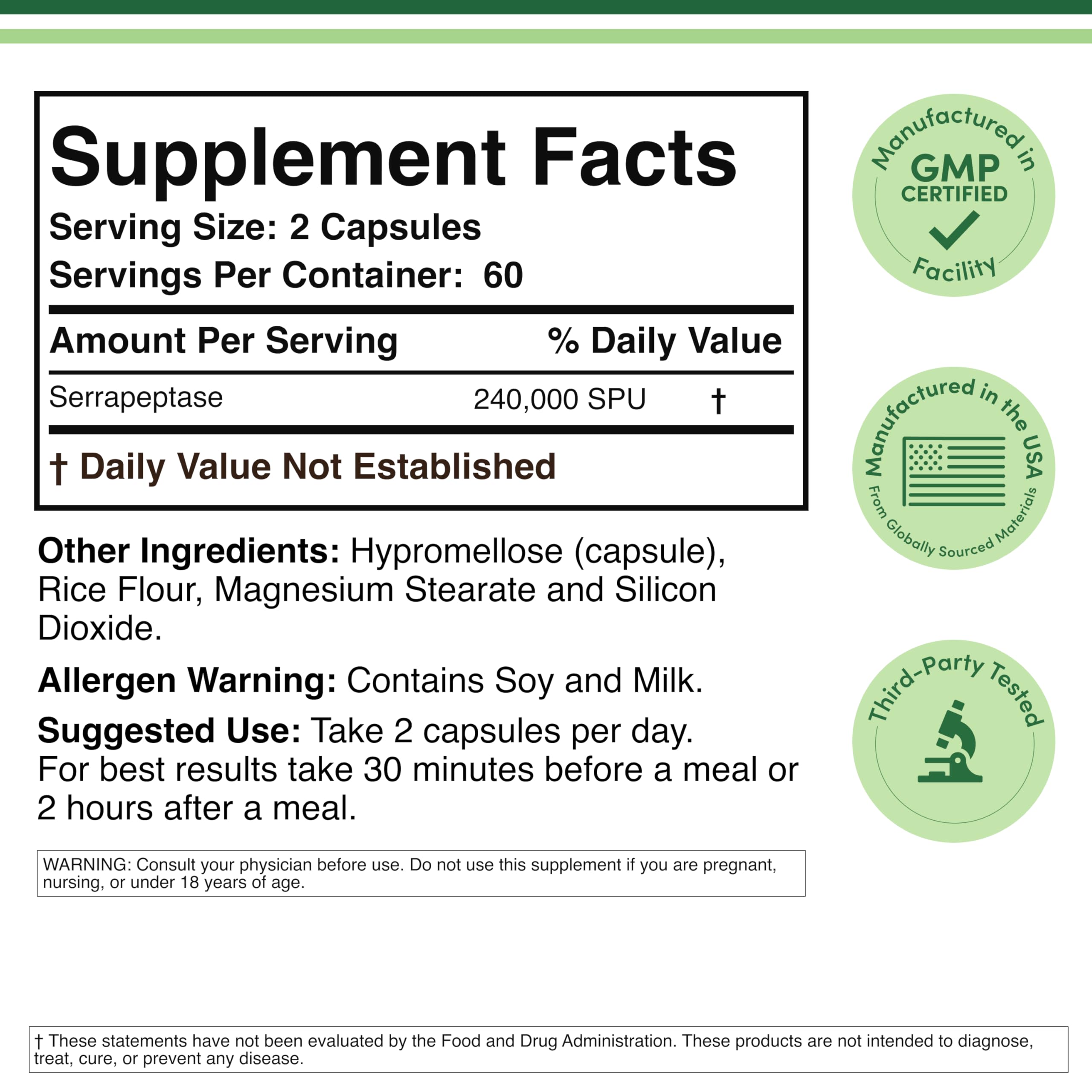 Double Wood Serrapeptase 120 capsules label detail