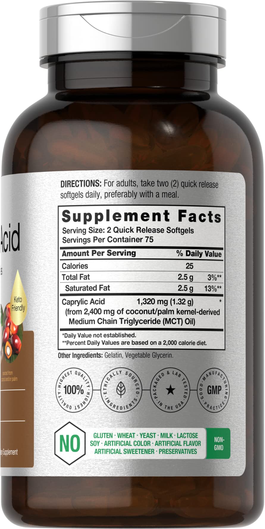 Close up of Horbäach Caprylic Acid Supplement Softgels Nutrition Label