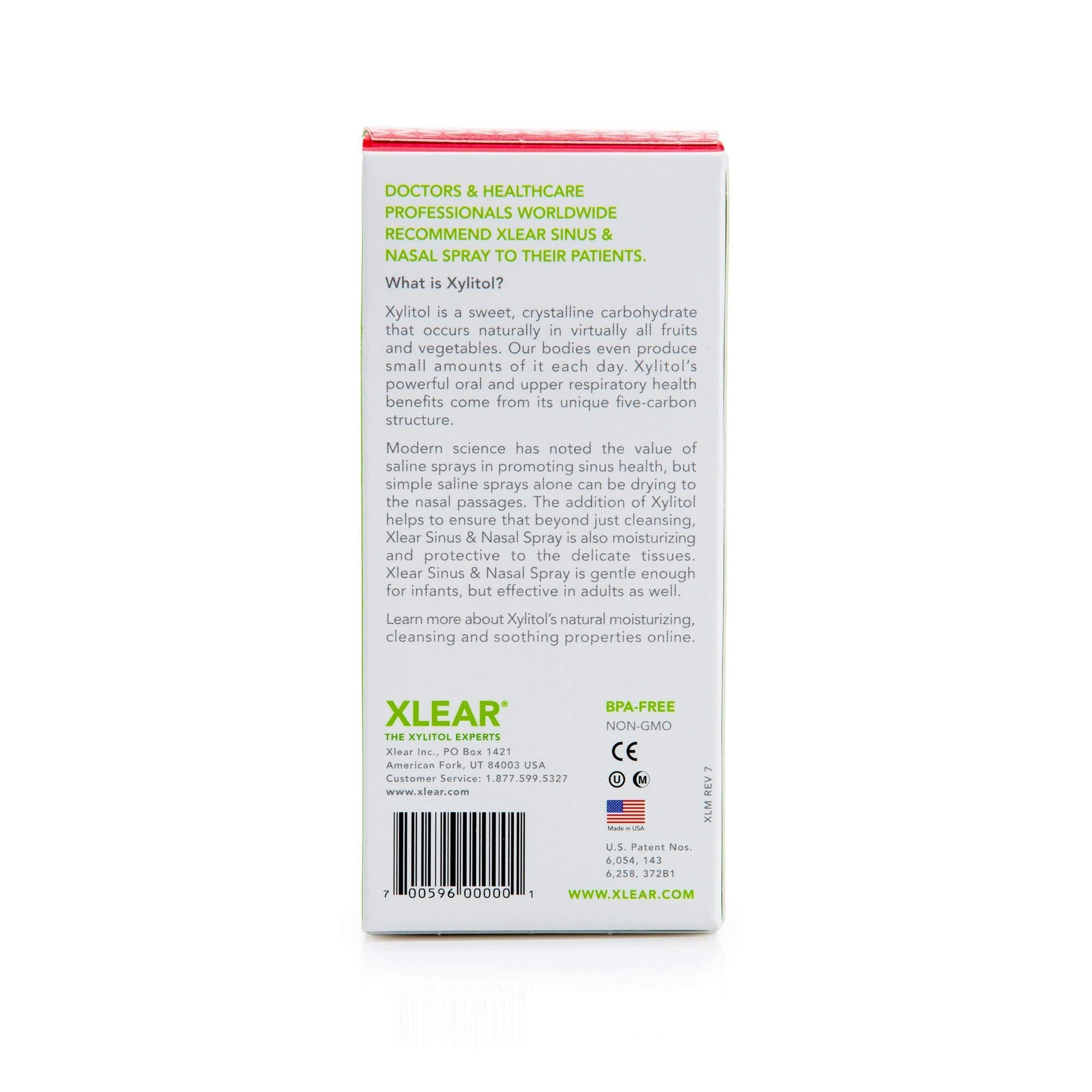 Back of packaging showing ingredients for Xlear Nasal Spray