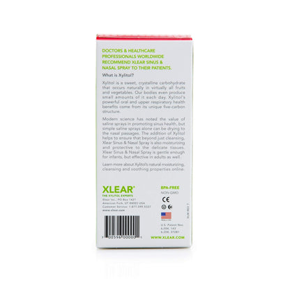 Back of packaging showing ingredients for Xlear Nasal Spray