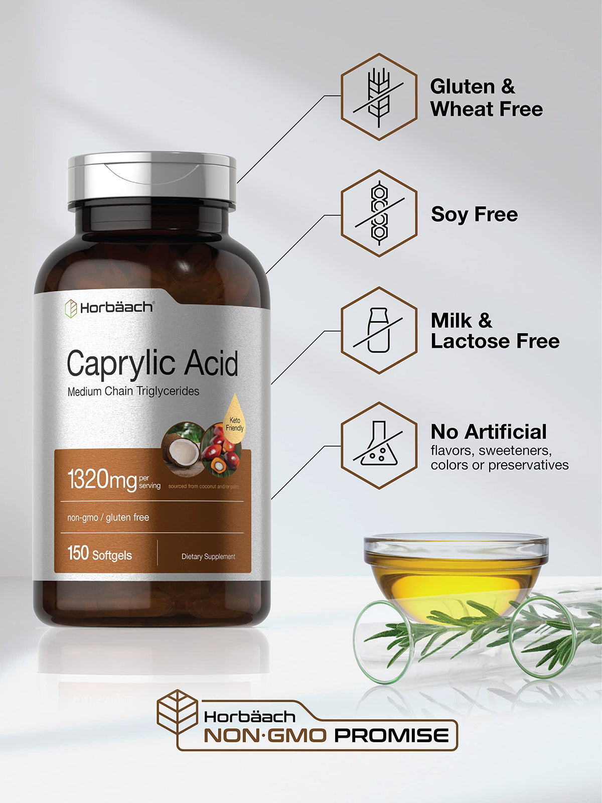 Horbäach MCT oil derived caprylic acid softgels poured out on a clean surface