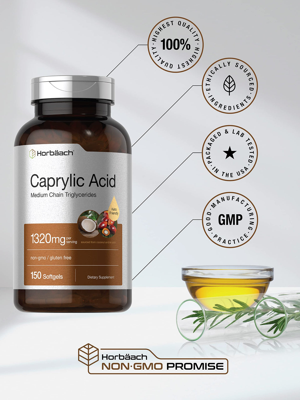 Horbäach Caprylic Acid dietary supplement packaging and safety seal close up