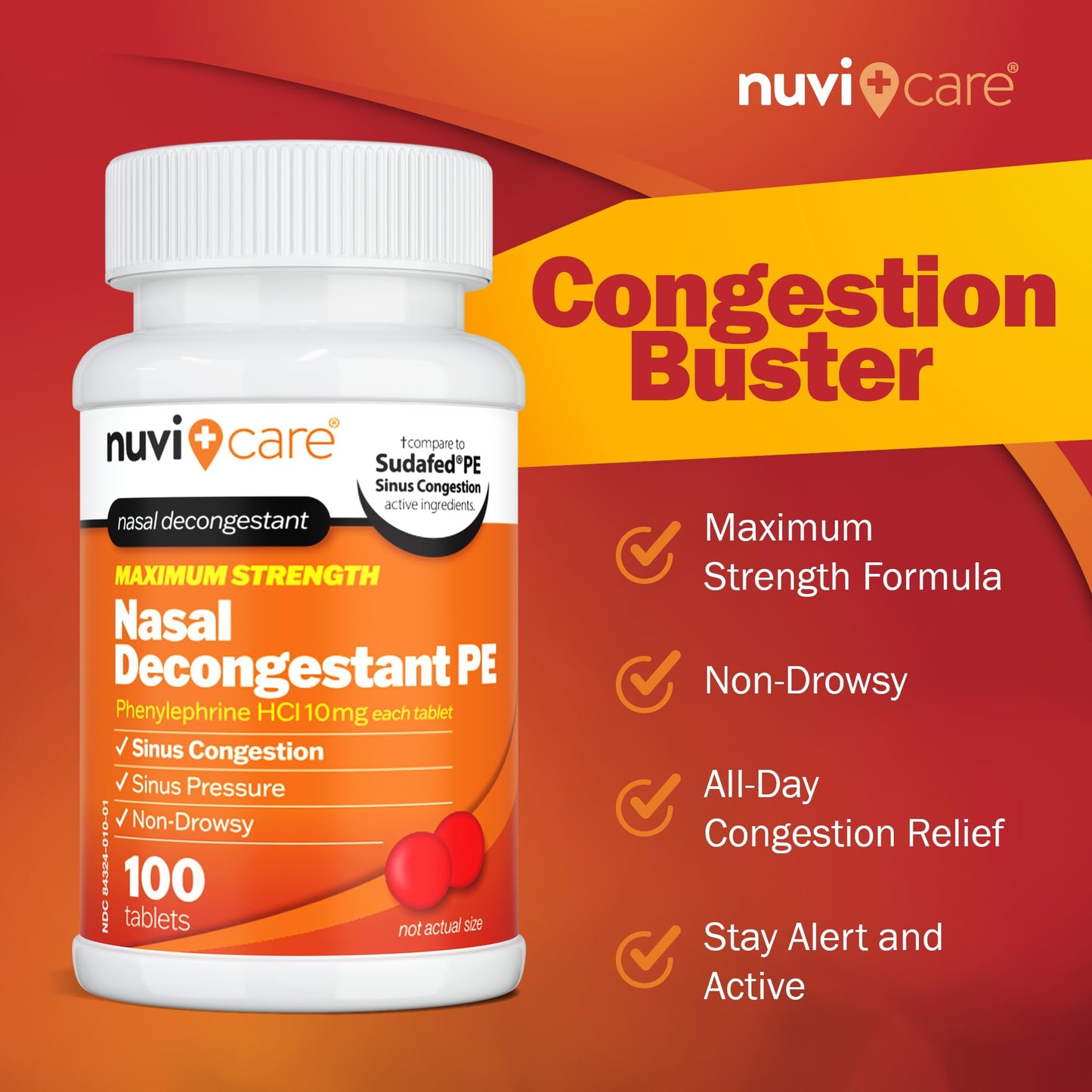 Close up of NuviCare nasal decongestant label showing 10mg dosage