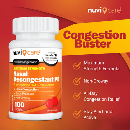 Close up of NuviCare nasal decongestant label showing 10mg dosage
