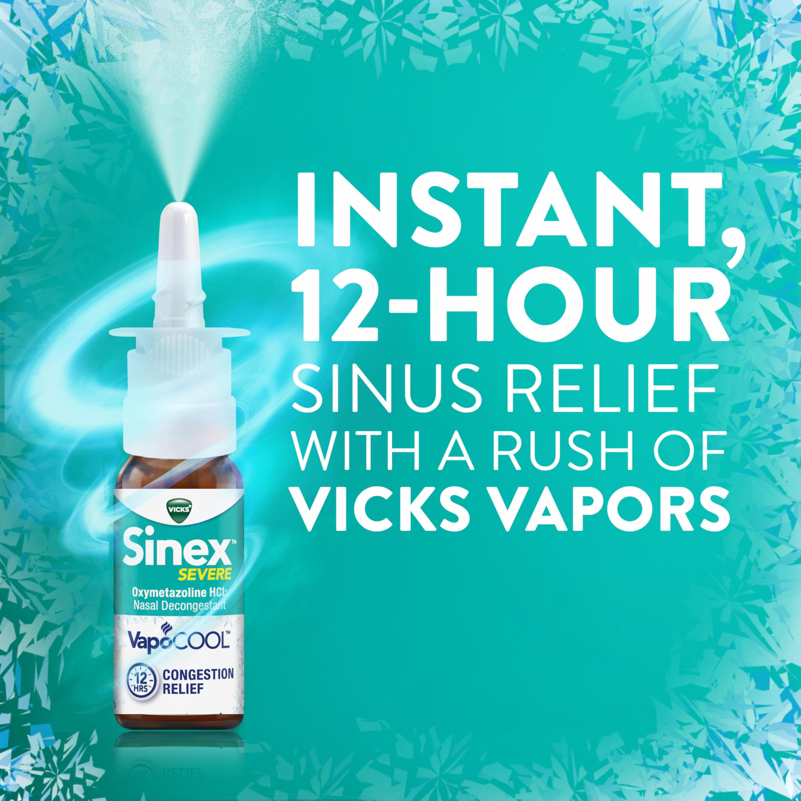 Vicks Sinex Severe nasal spray box packaging showing 12-hour relief
