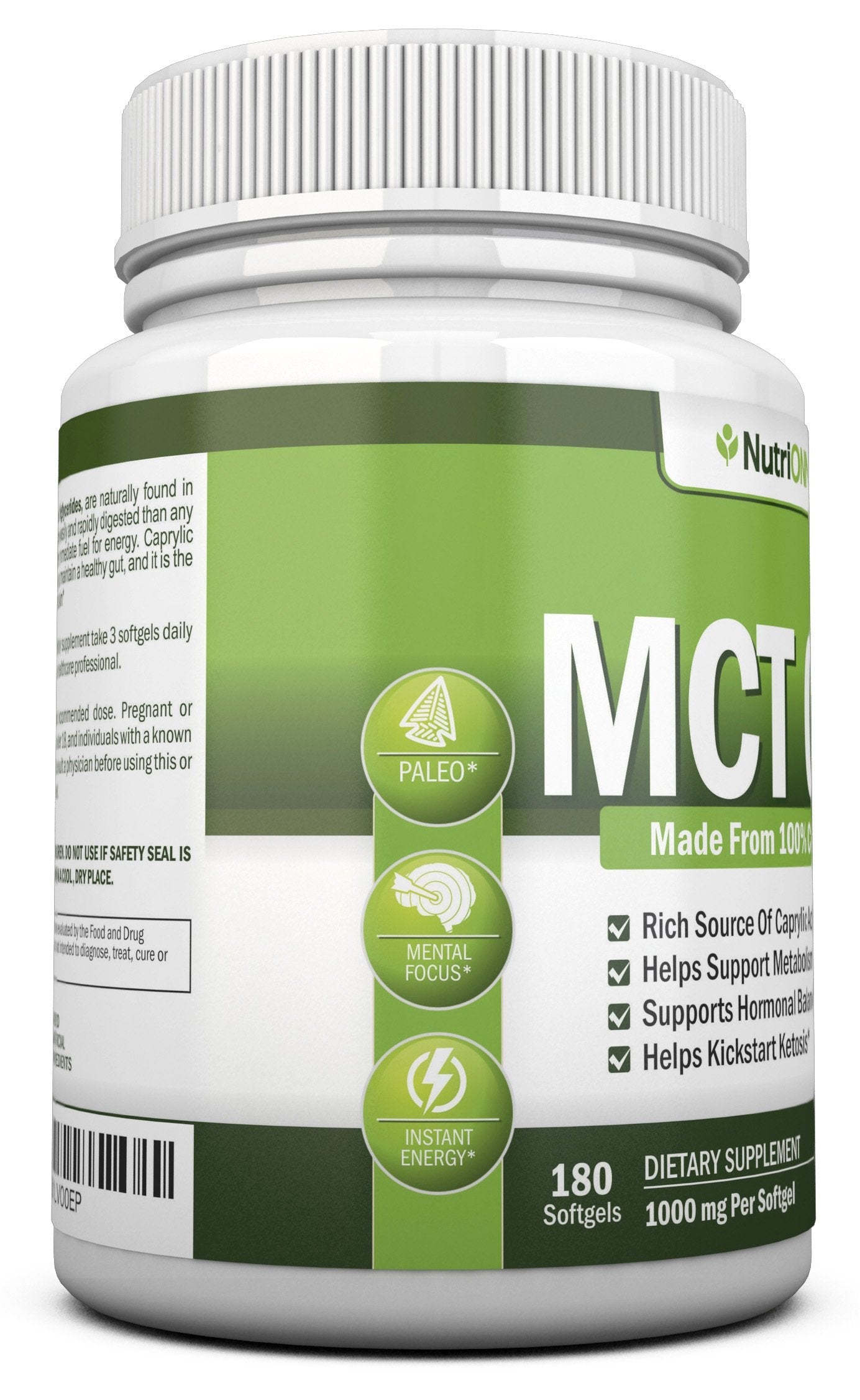 NutriONN non GMO paleo friendly MCT softgels bottle showing serving size