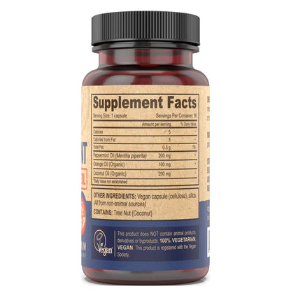 Supplement facts label on DEVA vegan peppermint oil bottle showing organic orange and coconut oil dosages