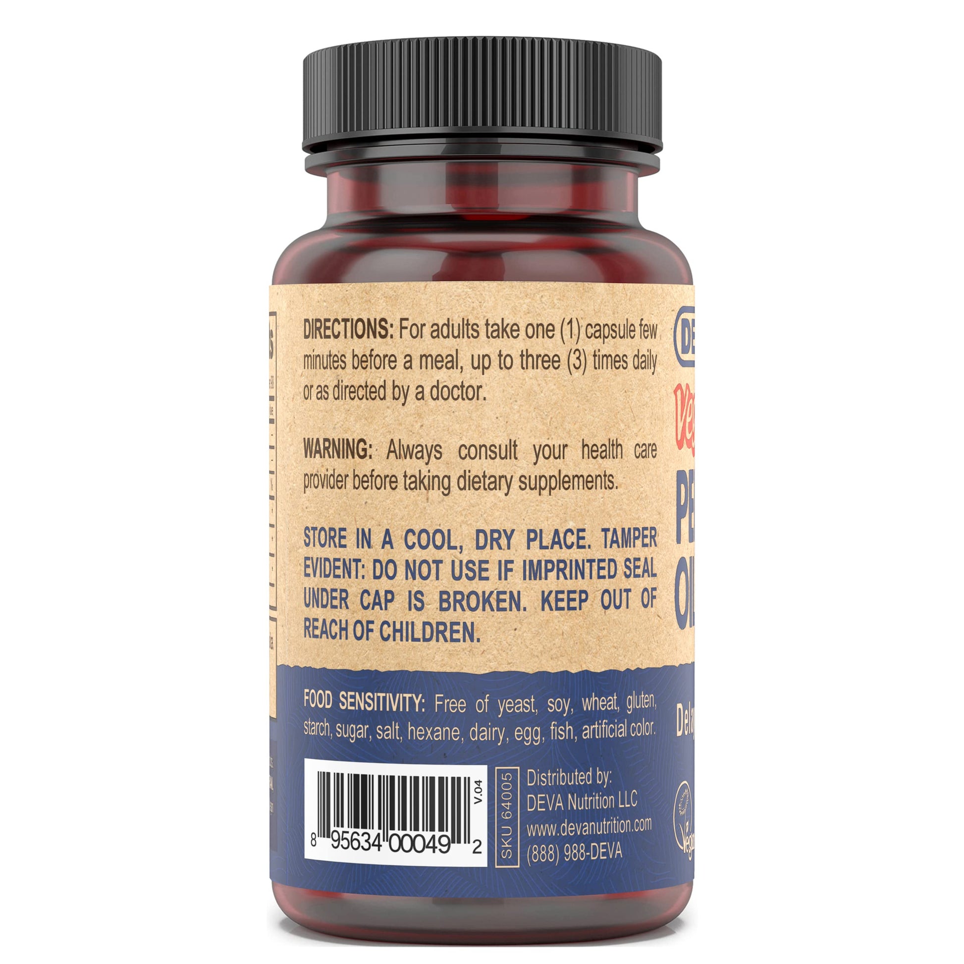 Side angle view of DEVA vegan peppermint oil bottle showing certified Vegan Society registration logo