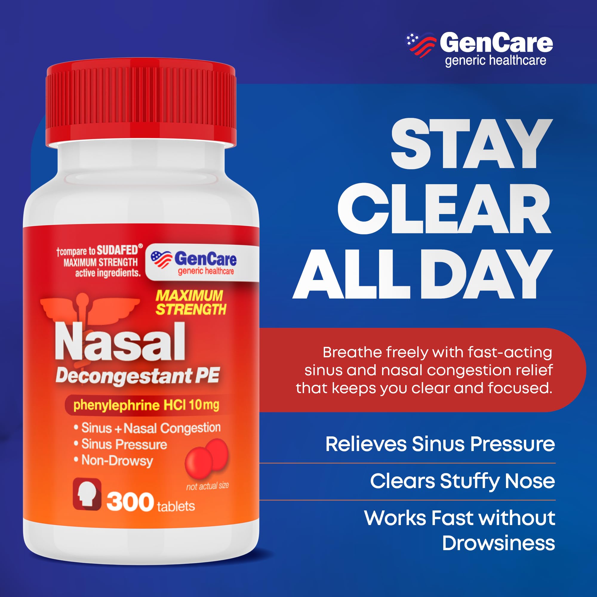 Close up of Gencare nasal decongestant label showing 10mg Phenylephrine