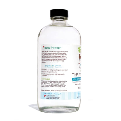 Close up label of CocoTherapy Triplex MCT-3 Oil showing coconut ingredients