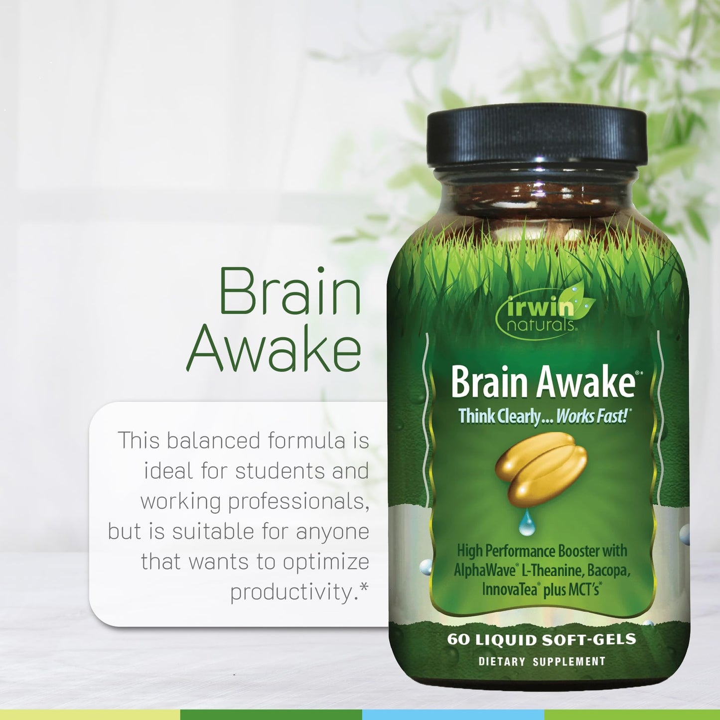 Irwin Naturals Brain Awake bottle with usage instructions