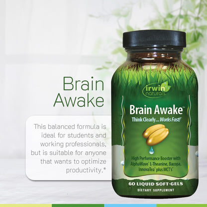 Irwin Naturals Brain Awake bottle with usage instructions