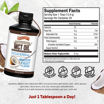 Barlean's emulsified medium chain triglycerides liquid supplement with creamy coconut flavor profile.