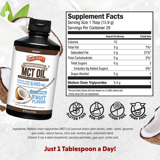 Barlean's emulsified medium chain triglycerides liquid supplement with creamy coconut flavor profile.