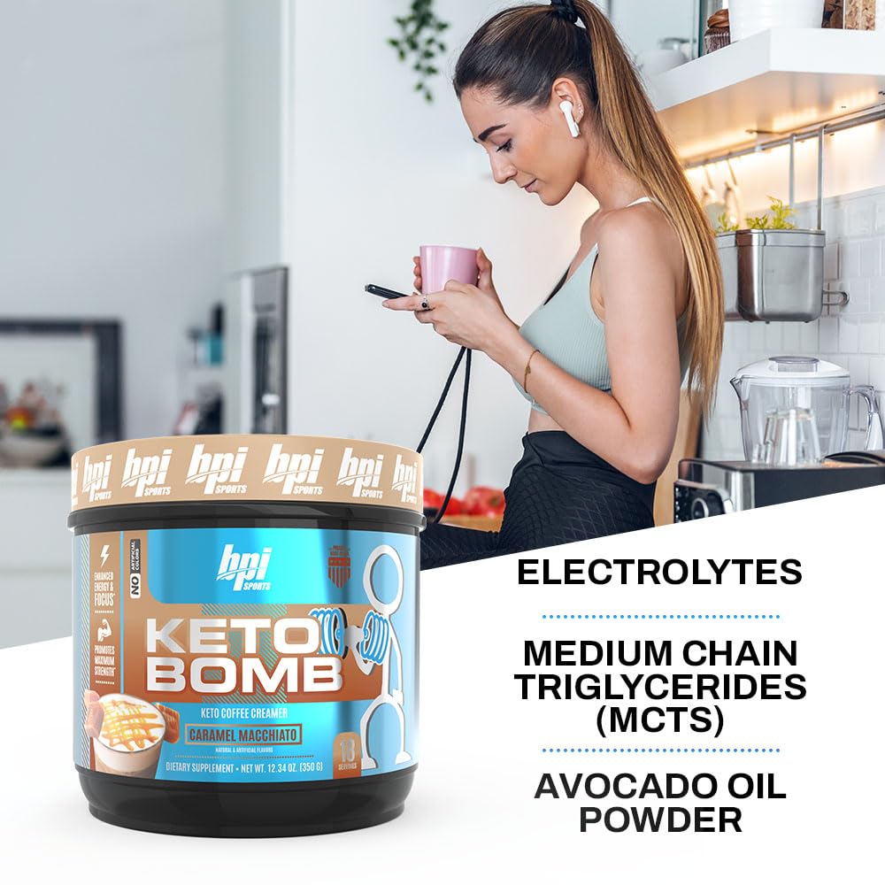 BPI Sports Keto Bomb tub next to an iced coffee beverage on a table