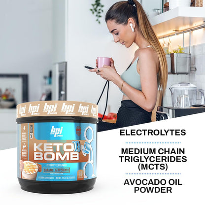 BPI Sports Keto Bomb tub next to an iced coffee beverage on a table