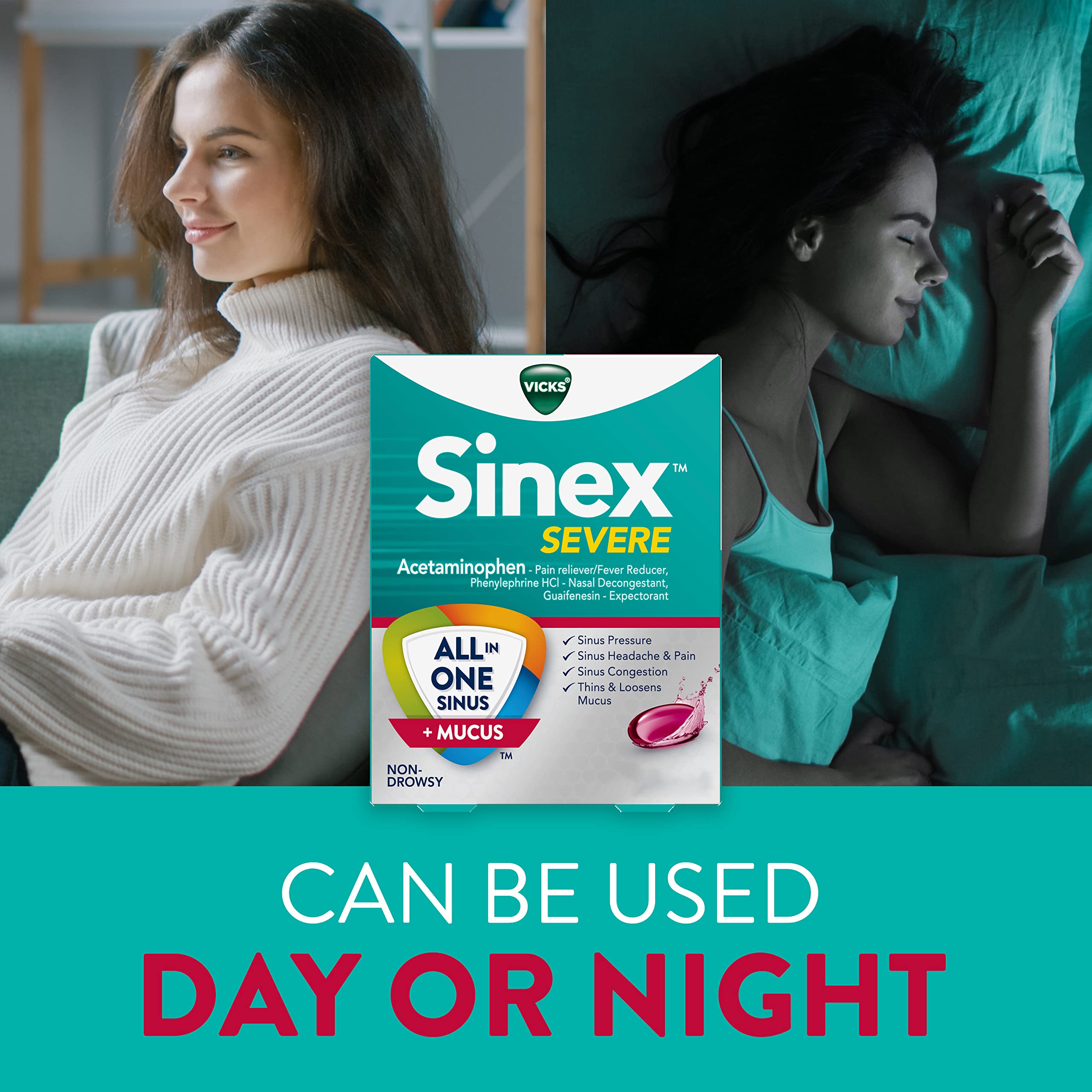 Side view of Vicks Sinex Severe bottle highlighting non-drowsy benefits