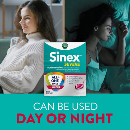 Side view of Vicks Sinex Severe bottle highlighting non-drowsy benefits
