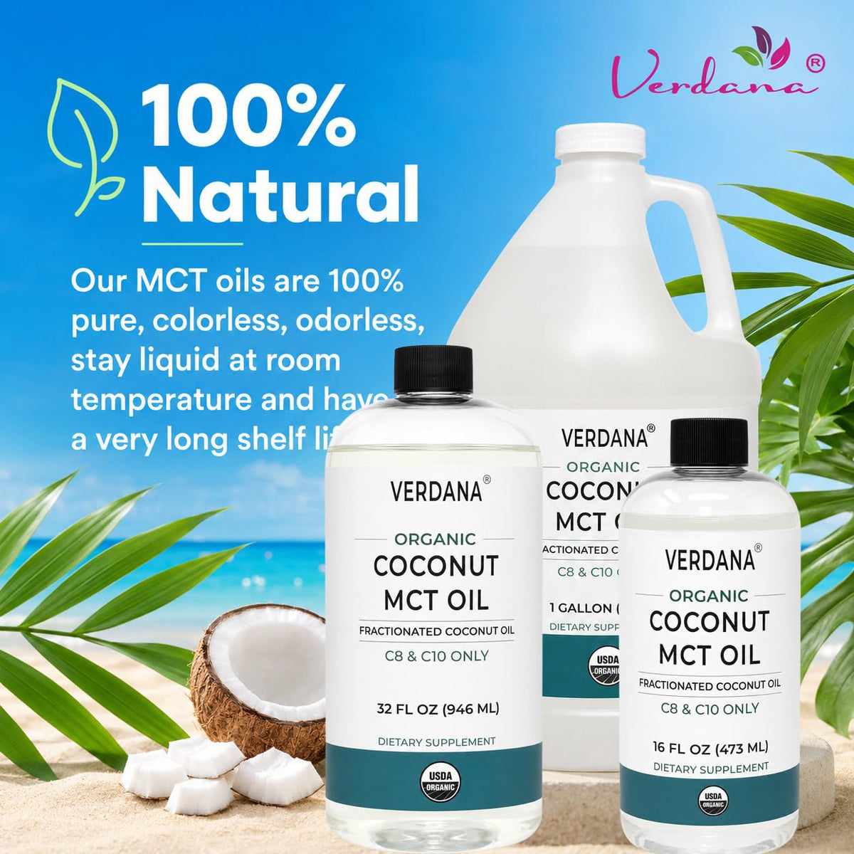 Verdana organic MCT oil bottle next to a coffee cup