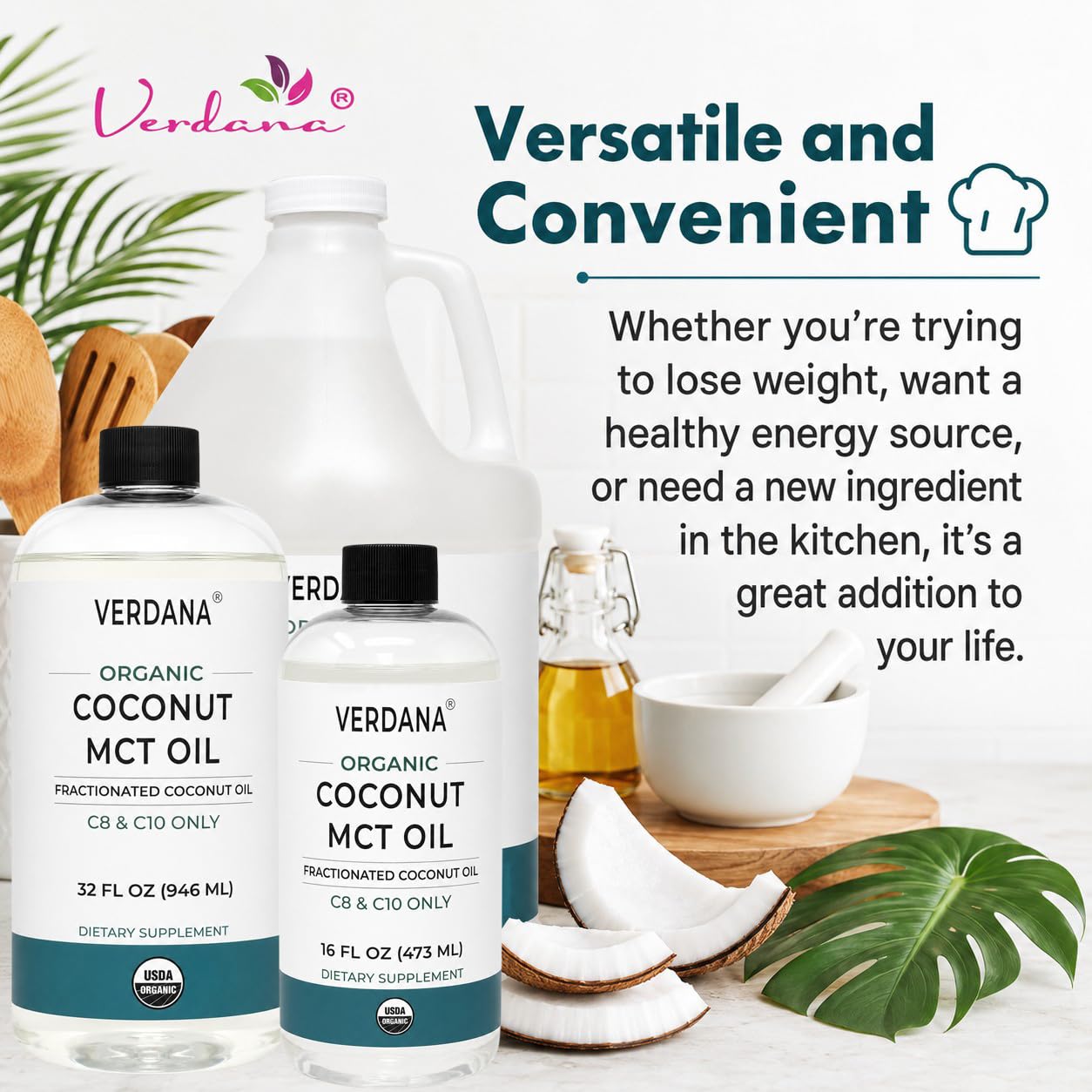 USDA organic and non-GMO certification seals on Verdana coconut oil packaging