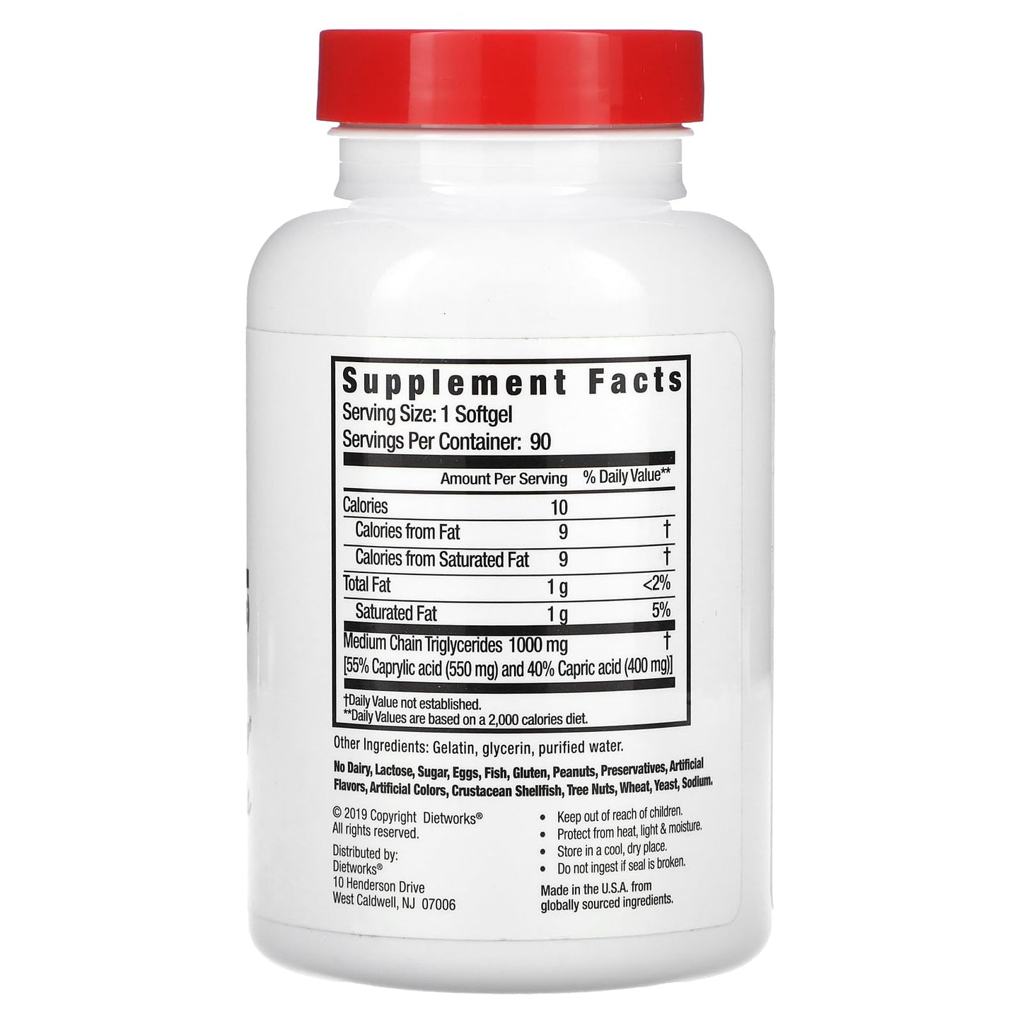 DietWorks MCT Oil supplement bottle showing coconut source and keto benefits