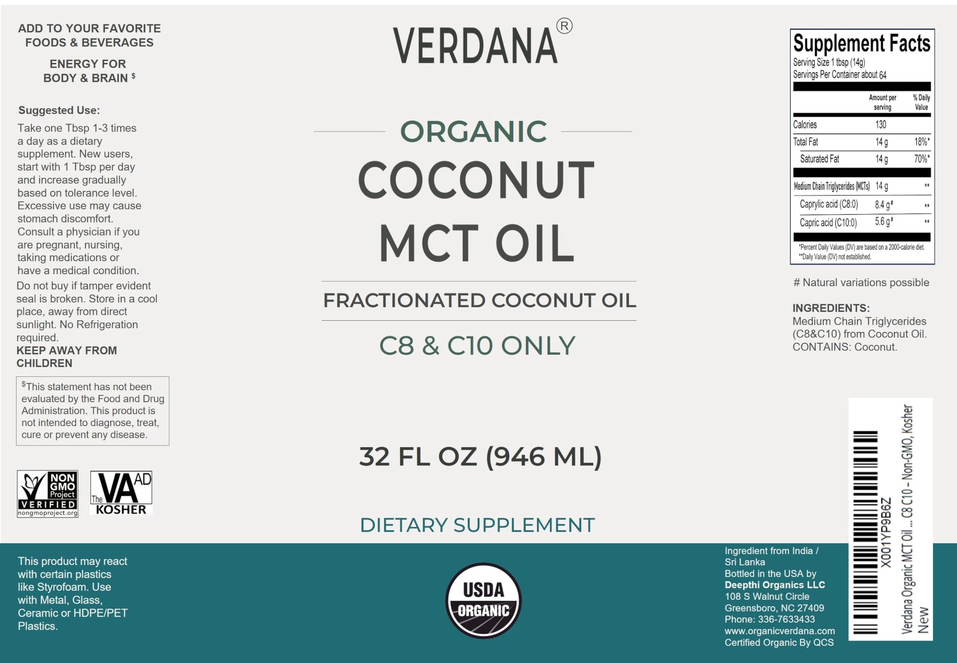 Back view of Verdana supplement bottle showing nutrition facts and C8 C10 breakdown