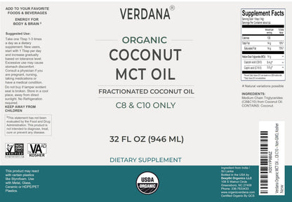 Back view of Verdana supplement bottle showing nutrition facts and C8 C10 breakdown
