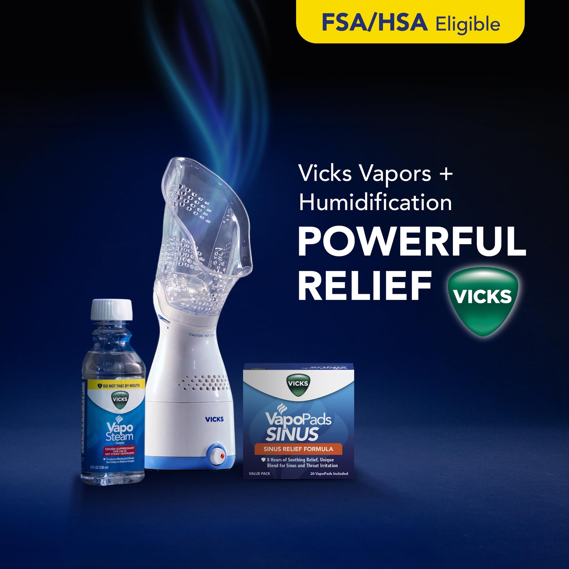 Vicks VapoPads packaging with eucalyptus and menthol icons