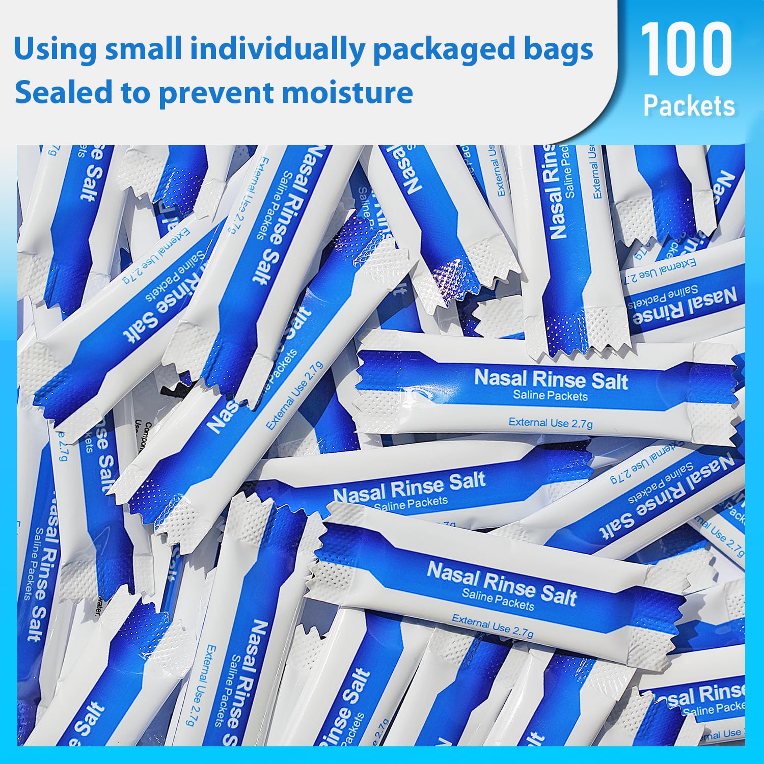 100 individually wrapped saline packets displayed