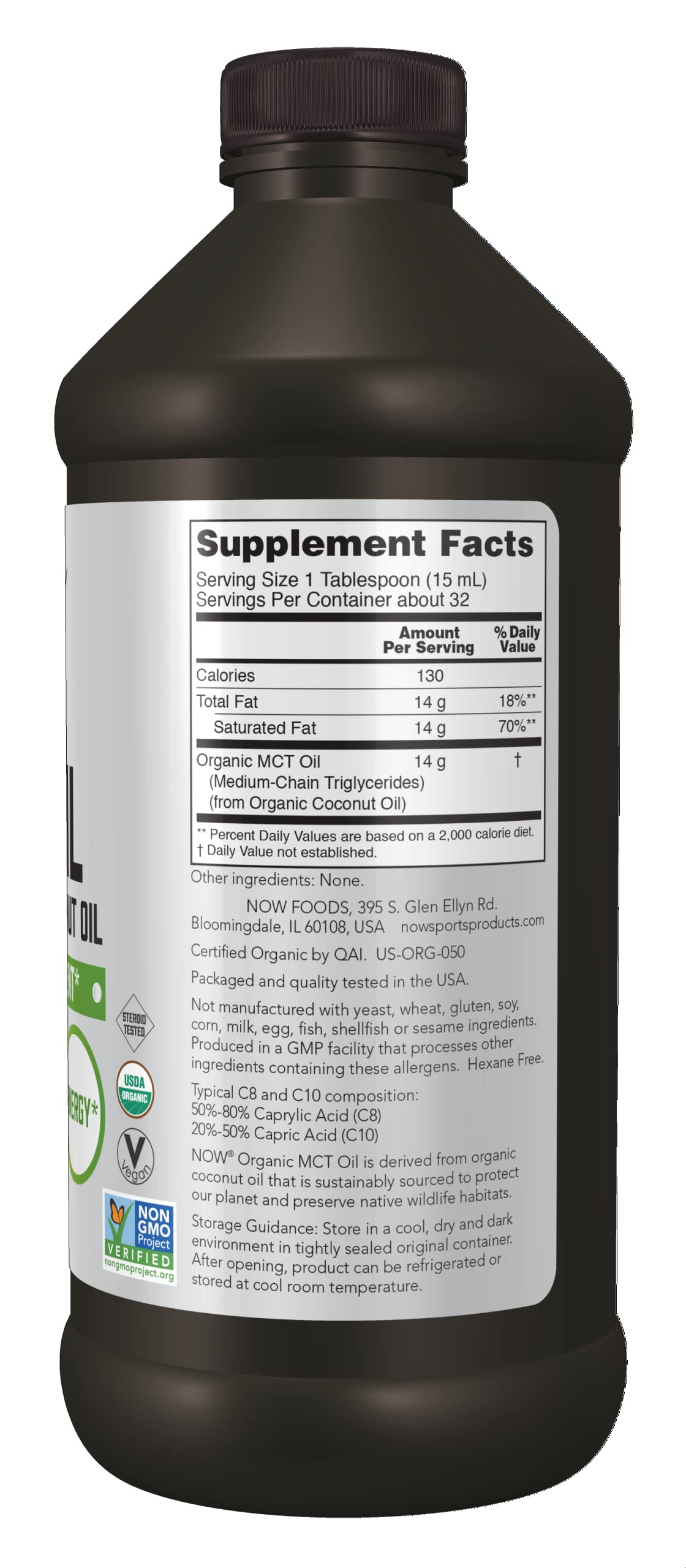 Now Foods Organic MCT Oil label highlighting organic coconut derivation