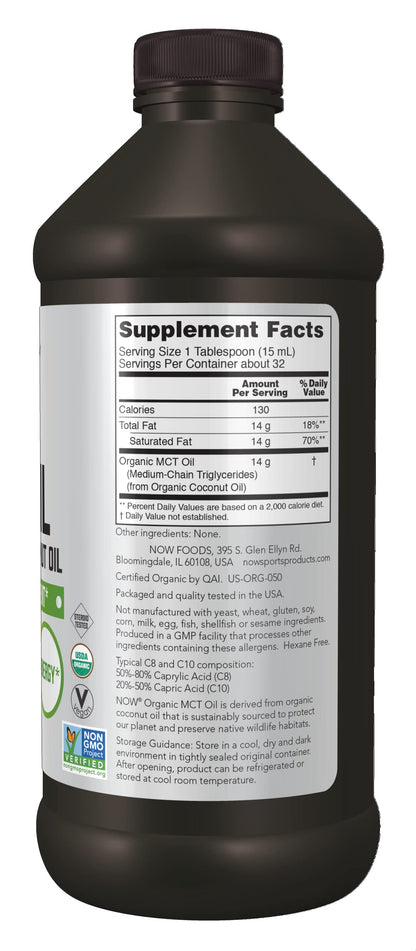 Now Foods Organic MCT Oil label highlighting organic coconut derivation