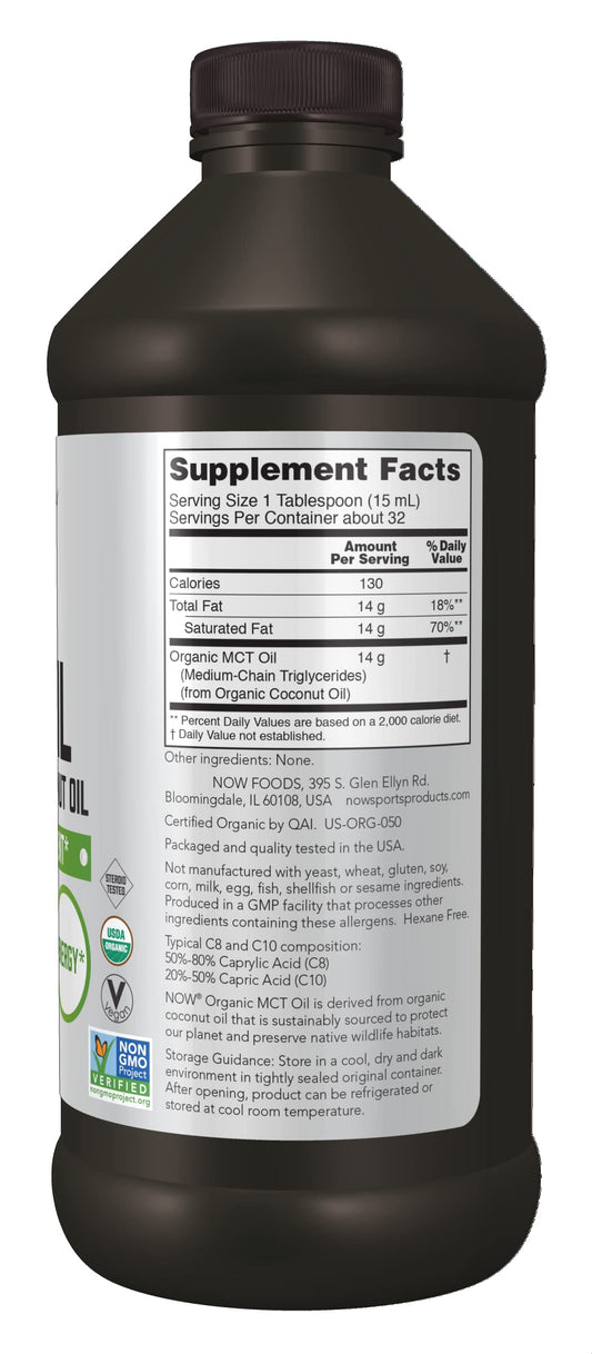 Now Foods Organic MCT Oil label highlighting organic coconut derivation