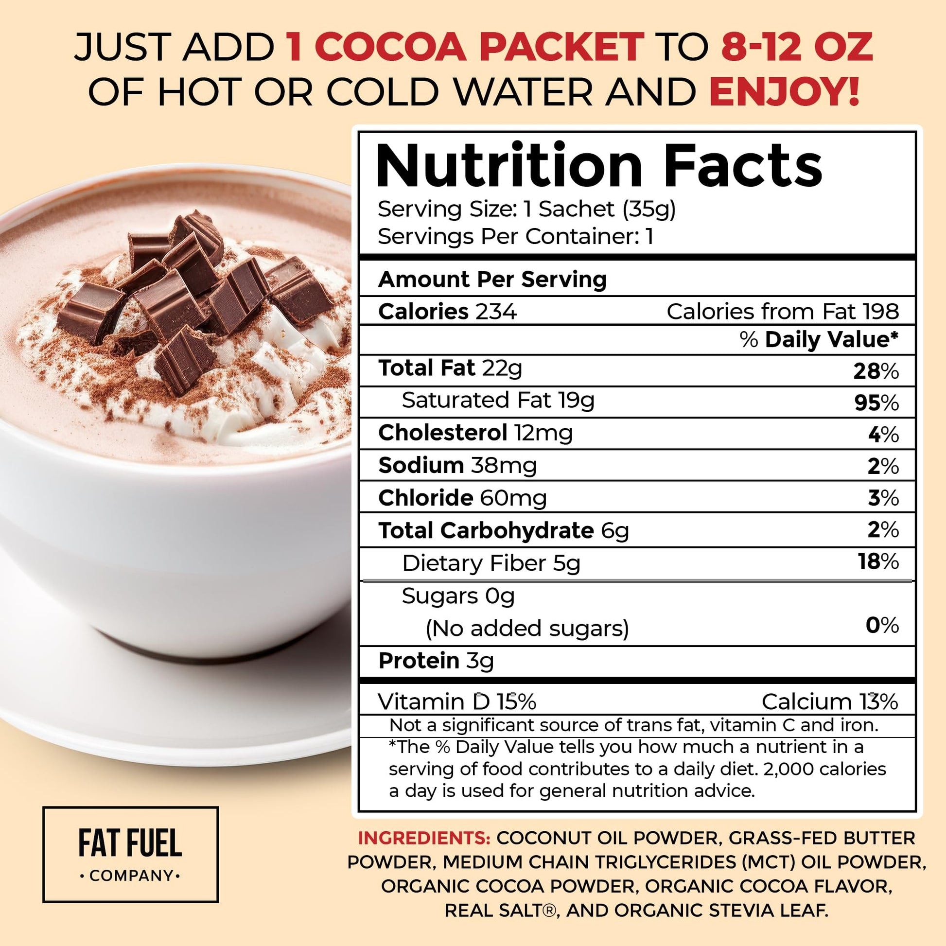 The Fat Fuel Company Chocolate Keto Diet meal replacement powder nutritional facts panel view