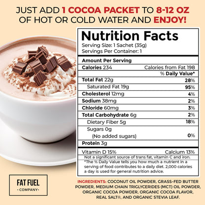 The Fat Fuel Company Chocolate Keto Diet meal replacement powder nutritional facts panel view