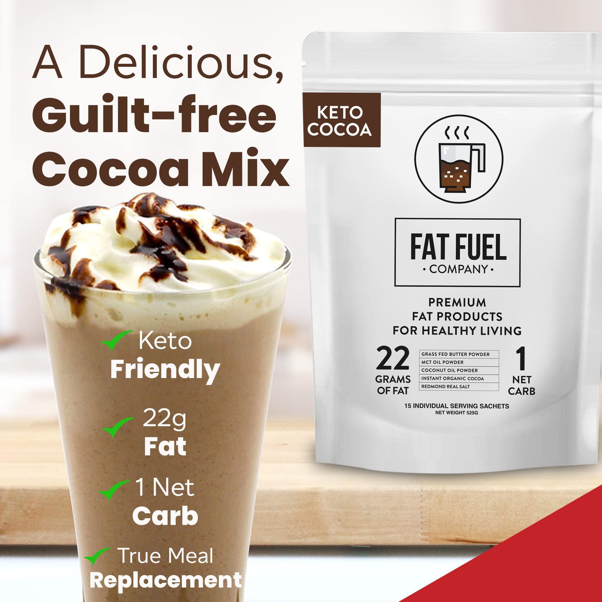 The Fat Fuel Company low carb hot chocolate mix packaging showcasing high fat keto ingredients