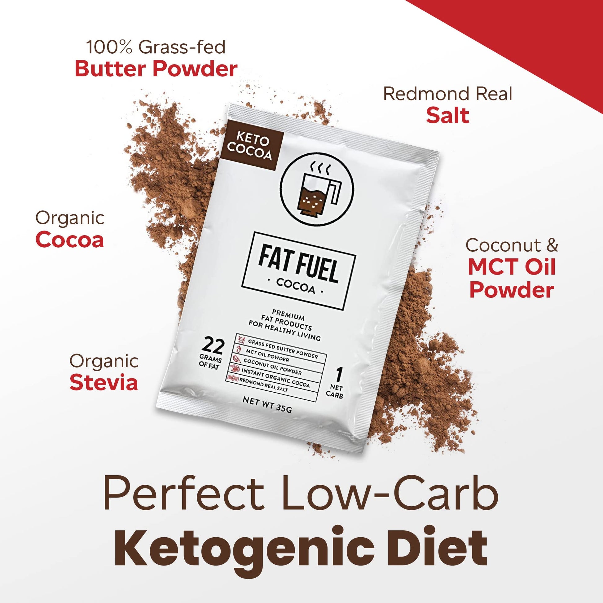 The Fat Fuel Company premium sugar free cocoa mix close up showing original imported seal