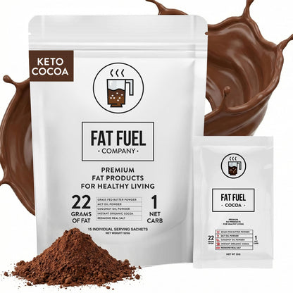 The Fat Fuel Company complete keto friendly hot chocolate beverage mix packaging contents