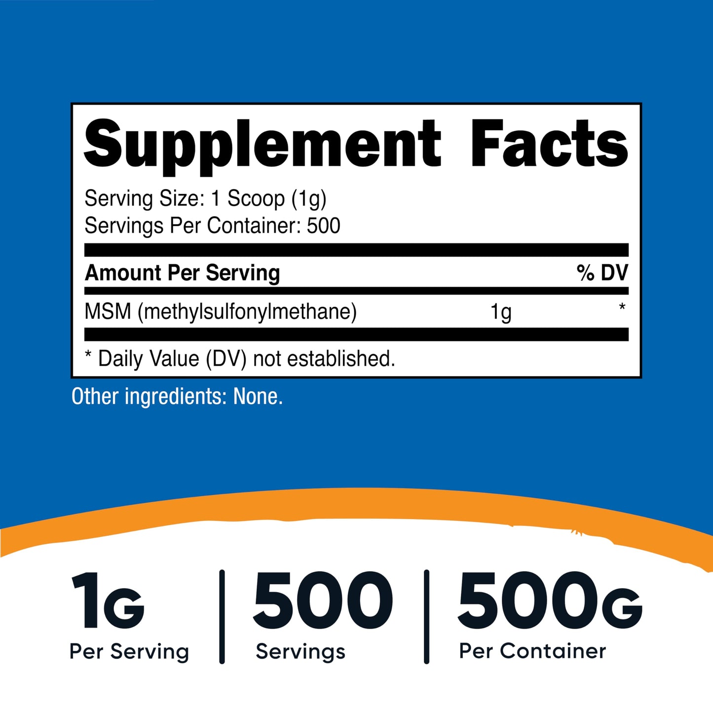 Nutricost methylsulfonylmethane 500 grams tub highlighting non-GMO and gluten-free product seals.