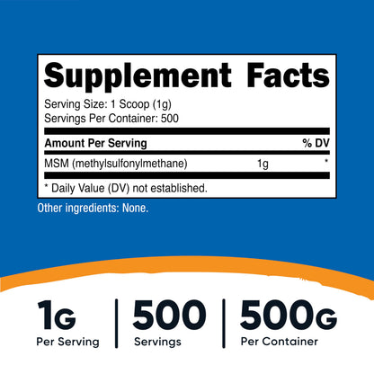 Nutricost methylsulfonylmethane 500 grams tub highlighting non-GMO and gluten-free product seals.