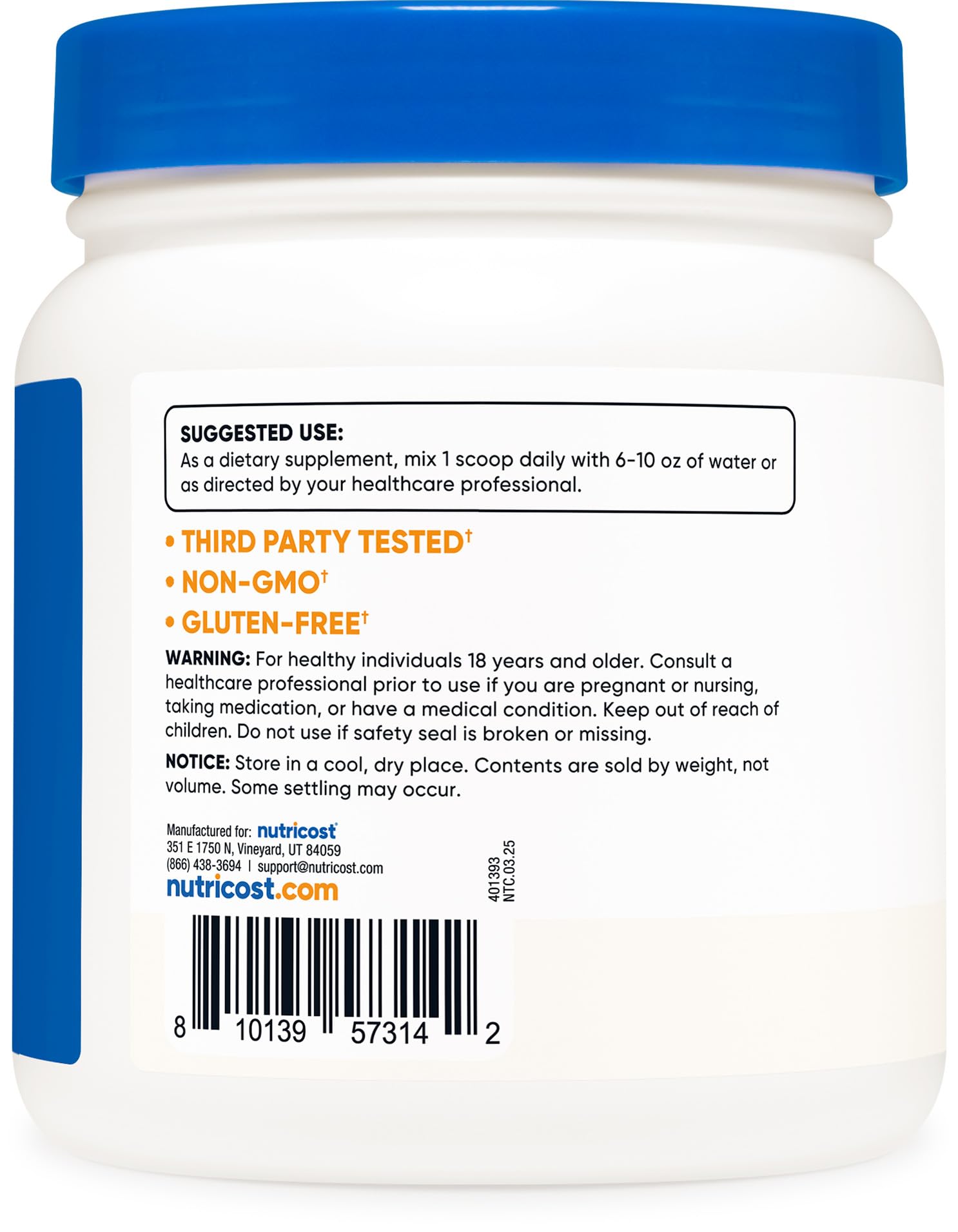 Side view of pure unflavored sulfur supplement indicating clean manufacturing compliance standard.