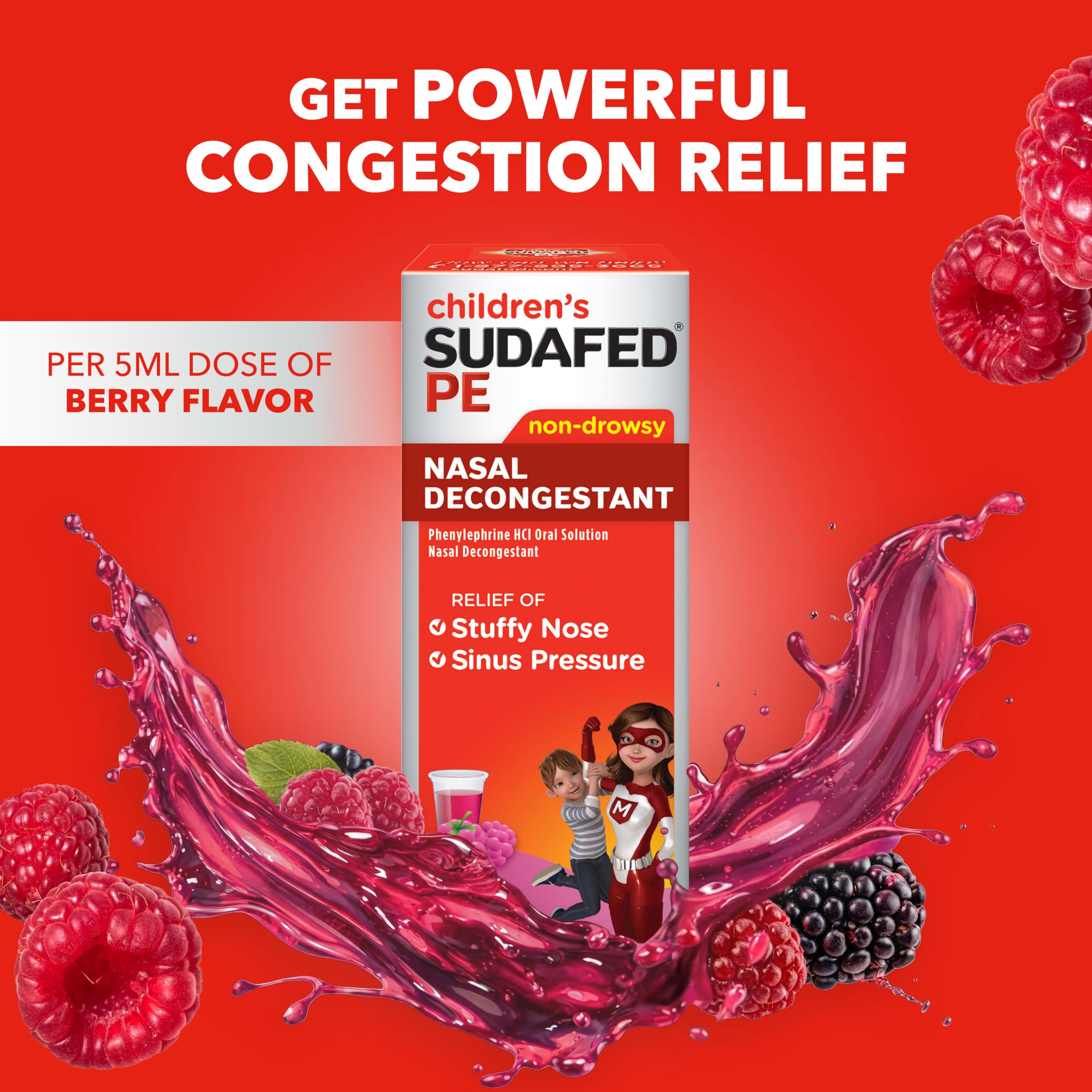 Sudafed PE berry flavored liquid decongestant packaging