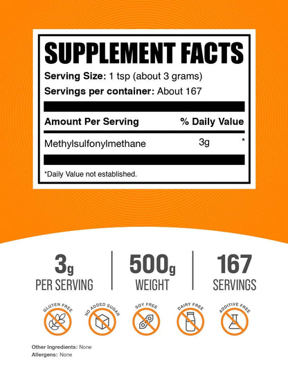 Pure unflavored methylsulfonylmethane powder showing fine white crystalline texture.