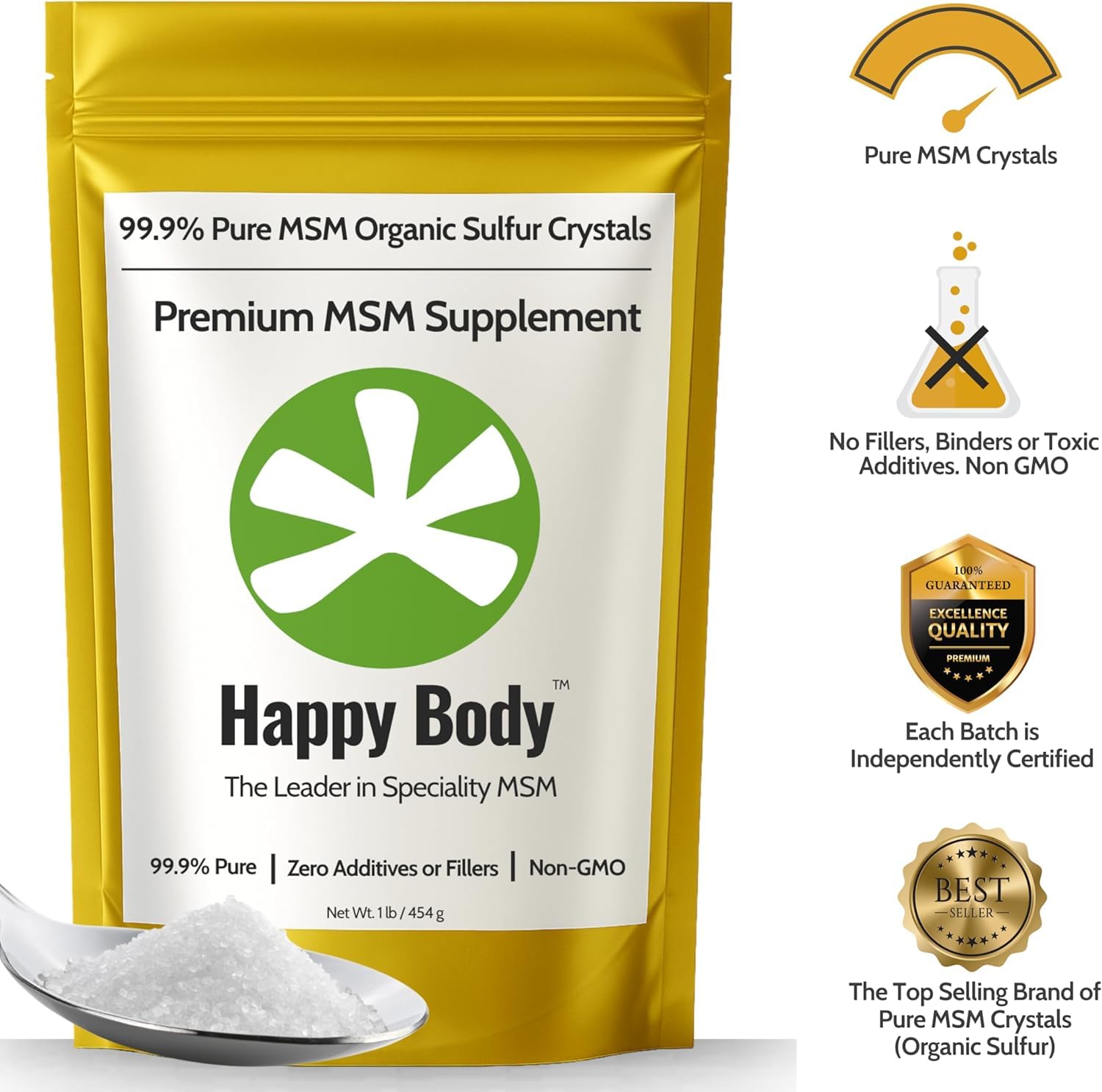 Happy Body pure Methylsulfonylmethane crystal flakes closeup showing clear texture