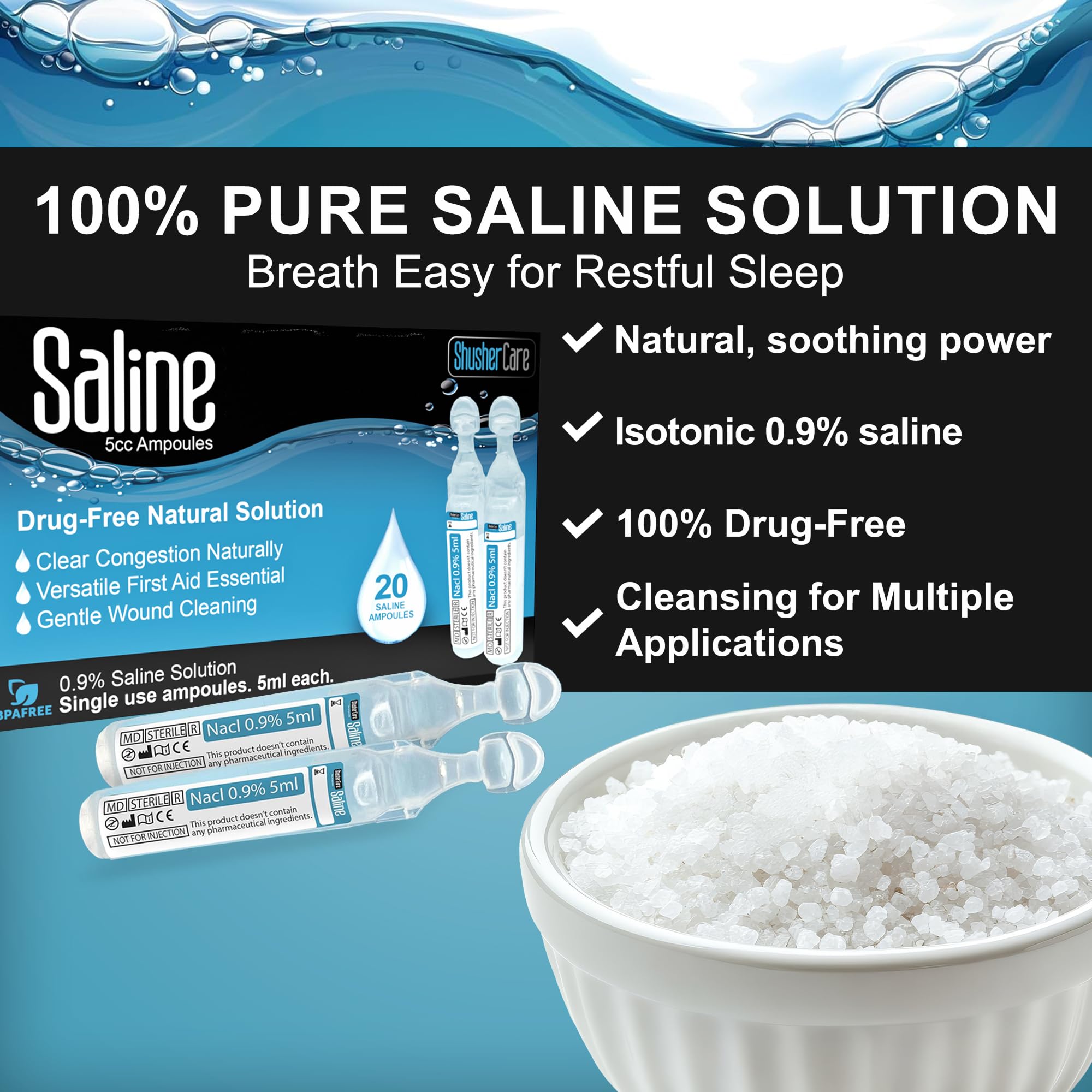 Close up of Shusher Care sterile 5 milliliter saline ampoules