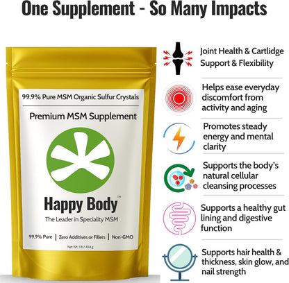 Happy Body Organic Sulfur Crystals back panel with supplement facts list
