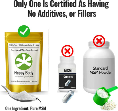 Happy Body additive free pure MSM supplement bag with certified non GMO logo