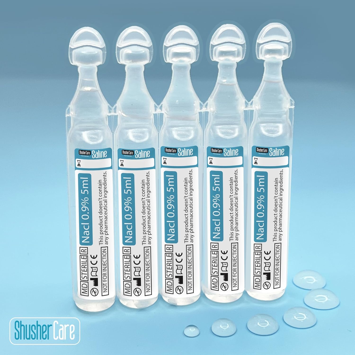 Shusher Care saline ampoules packaging details and count