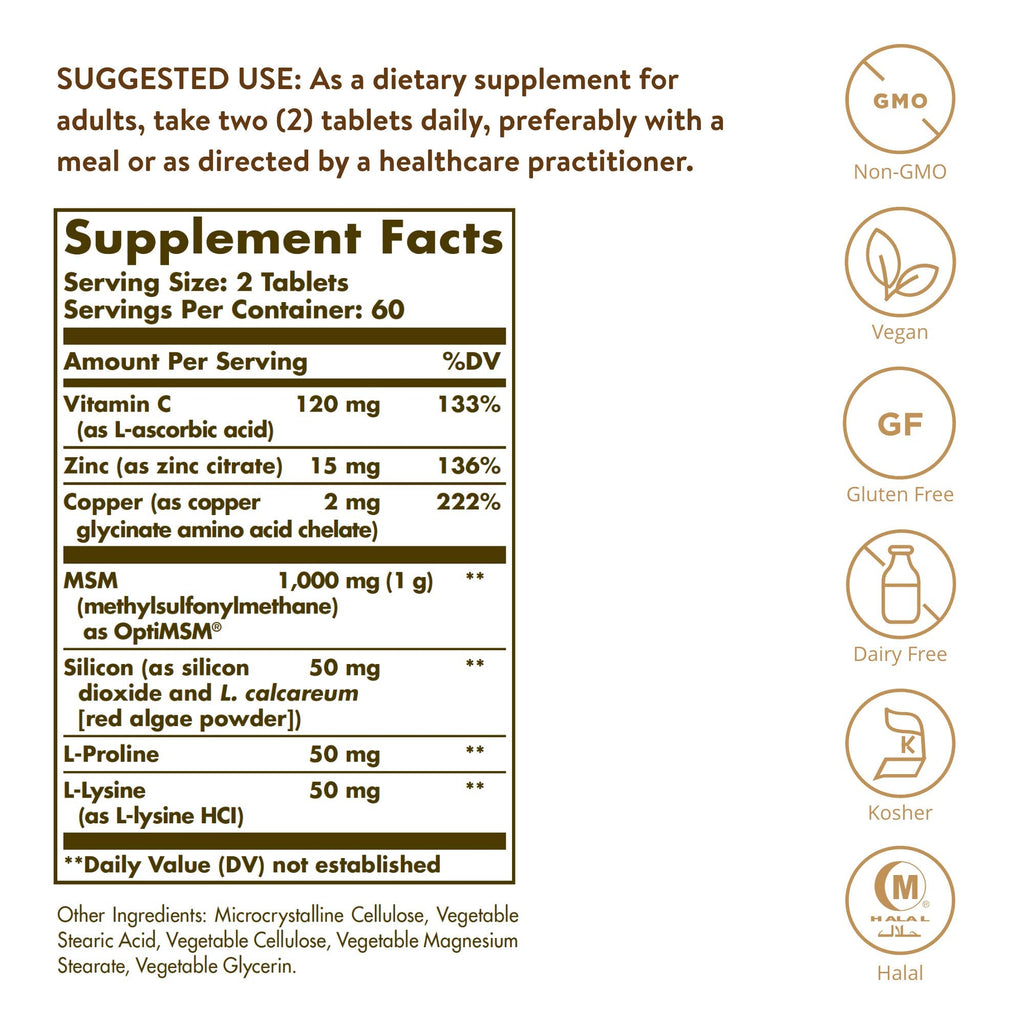 Solgar Skin Nails And Hair Advanced MSM Formula supplement facts label