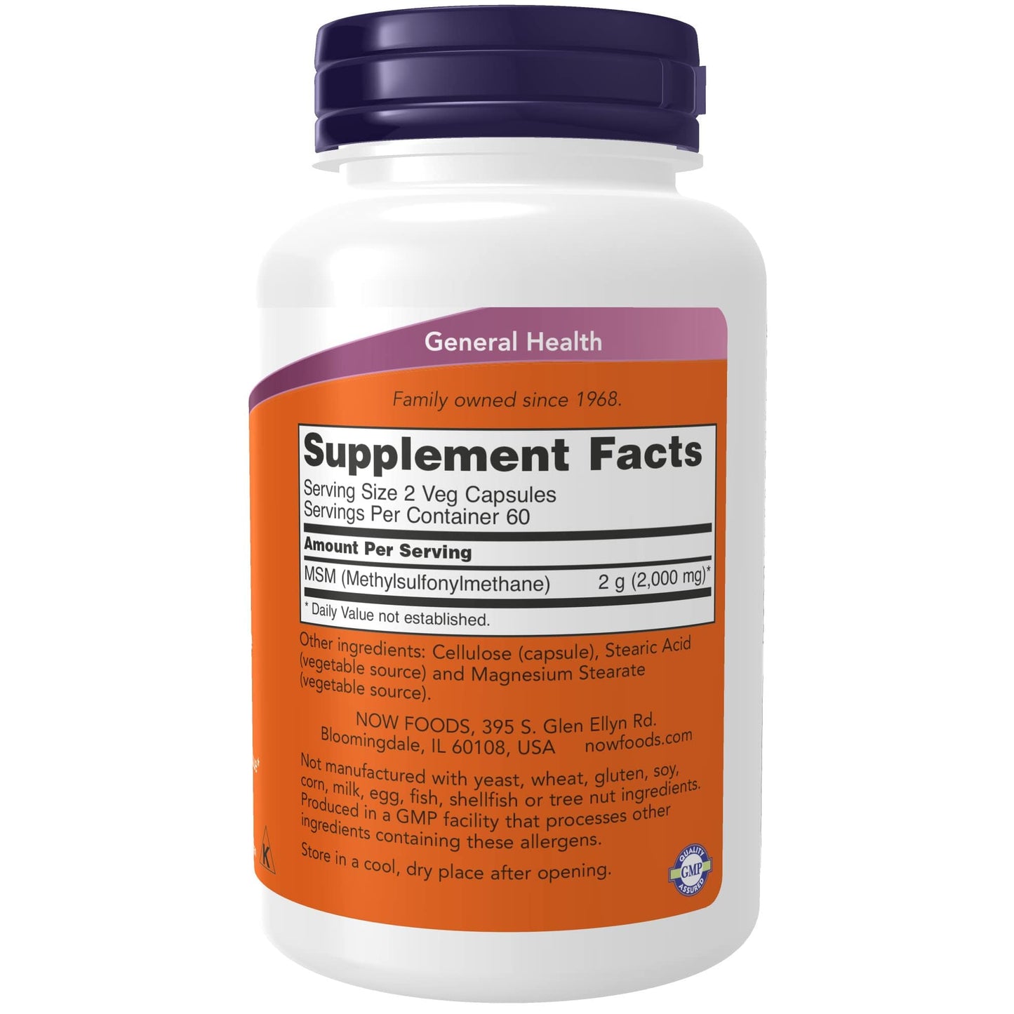 Side angle of NOW Foods MSM dietary supplement bottle emphasizing the organic sulfur content details